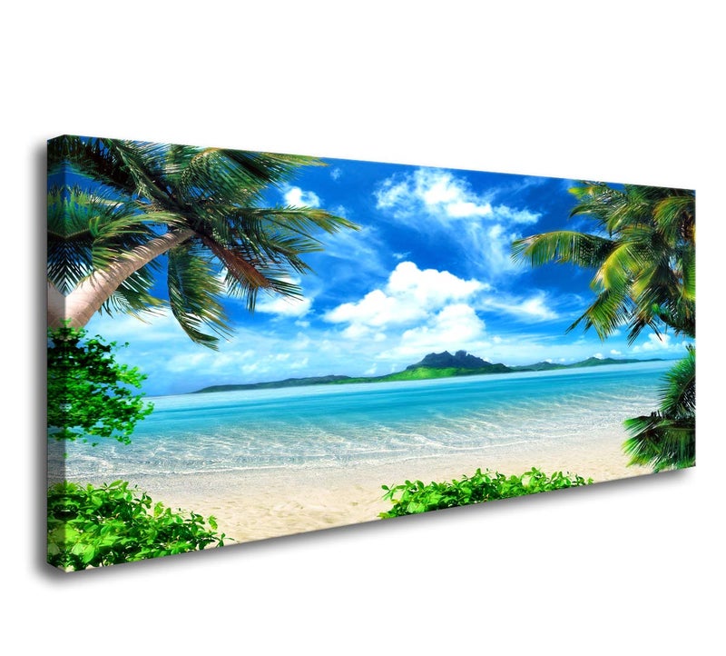 DZL Art S72750 Canvas Wall Art Ocean Waves Coconut Trees on Sands Beach Seascape Scenery Painting Nature Picture for Bedroom Home Office Wall Decor - Image 1